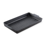 Black rectangular grill pan on a white background.