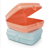 Two stacked plastic containers, one peach and one light blue, on a white background.