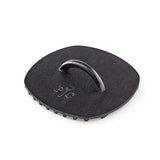 Black cast iron grill press with handle on a white background.