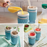 Collage of blue and white insulated cups with various contents being poured or served.