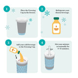 Step-by-step guide for using a freezing cup with illustrations and text.