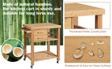 Bamboo kitchen cart with text highlighting durability and features.