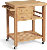 Bamboo wooden kitchen cart with a top surface, 2-drawers, and shelves on wheels.