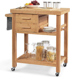 Bamboo wooden kitchen cart with storage drawers and shelves on a white background.