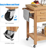 Bamboo wooden kitchen cart with wheels and storage compartments, featuring lockable and 360-degree rotatable wheels.