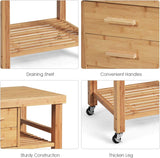 Bamboo wooden kitchen island with draining shelf, convenient handles, sturdy construction, and thickened leg on a white background.