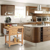 Modern kitchen with wooden cabinets, island, and rolling cart.