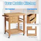 Bamboo wooden kitchen cart with drawers and shelves on a white background.