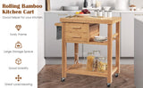 Bamboo wooden kitchen cart with storage drawers and a shelf in a kitchen setting, featuring text on its benefits.