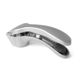 Silver garlic press on a white background