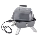 Portable electric grill with a gray lid on a white background