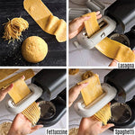 Pasta maker being used to create various types of pasta including lasagna, fettuccine, and spaghetti.
