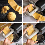 Pasta maker being used to create various types of pasta including lasagna, fettuccine, and spaghetti.