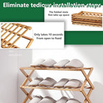 Bamboo shoe rack with folded and expanded states, showing ease of use.