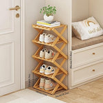 Wooden shoe rack display showing length, width, and height; along with shoes on each tier.
