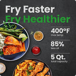 Information regarding air fryers with food items and text highlighting benefits on a dark background.