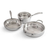 Set of stainless steel cookware on a white background.