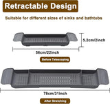 Retractable sink tray with measurements and telescoping feature on a white background