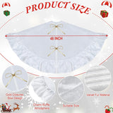 White tree skirt with gold bows and measurements on a festive background