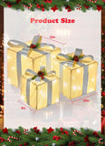 Set of gold gift boxes with silver ribbons and Christmas decorations, shown with product size measurements.