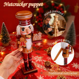 Hand-painted Nutcracker puppet with moving parts on a festive background