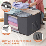 Storage bag with clothes being placed inside, featuring double zipper, soft Oxford cloth, and reinforced handle.