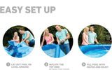 Step-by-step guide for setting up an inflatable pool with people in a garden.