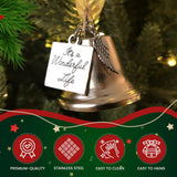 Christmas bell ornament with 'It's a Wonderful Life' tag on a tree, featuring product features below.