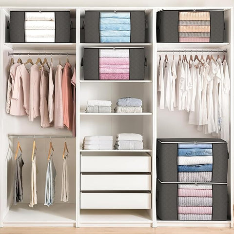 Closet organization system with hanging clothes, folded items, and storage boxes.