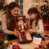 Woman and child opening a gift box with a nutcracker figurine during Christmas time.