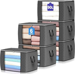 Set of gray storage cubes with clothes inside, labeled for size and quantity.