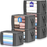 Set of gray storage cubes with clothes inside, labeled for size and quantity.