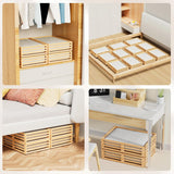 Collage of bamboo storage drawers in a wardrobe, under a desk, and under a bed. 