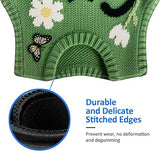 Green knitted product with floral designs and text highlighting durable stitching.