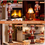 Collage of a nutcracker ornament in various indoor settings with text indicating its use.