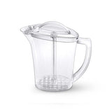 Clear, BPA-free stirring pitcher with a lid   and stirrer on a white background.