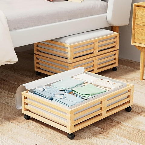 Bamboo under bed storage drawers with clothes. 