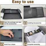 Step-by-step guide on how to assemble a black plastic tray with clasps.