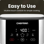 Chefman air fryer with digital control panel and intuitive touch controls on a black background.
