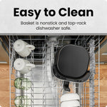 Dishwasher with a black basket labeled 'Easy to Clean' and 'nonstick, top-rack dishwasher safe'.