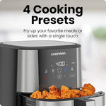 Chefman air fryer with fried chicken and text about cooking presets.