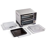 Deluxe Air Fryer and Toaster Oven with various accessories on a white background.