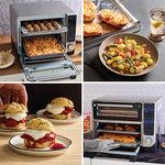 Collage of a toaster oven in use with various dishes prepared.