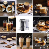 Collage of coffee beverages and a coffee maker on a dark background.