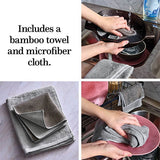 Bamboo towel and microfiber cloth being used to clean dishes in a kitchen. setting.