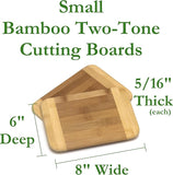 Small bamboo two-tone cutting board with dimensions on a white background