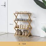 Four-tier wooden shoe rack with shoes on a white floor, showing dimensions.