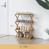 Four-tier wooden shoe rack with shoes on a white floor, showing dimensions.