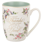 Floral Pastel Scripture Inscribed Ceramic Coffee Mug with Bible verse Psalm 107:1 