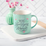 "An Amazing Woman" Teal Ceramic Coffee Mug with Decorative Vase and Pink Flowers 